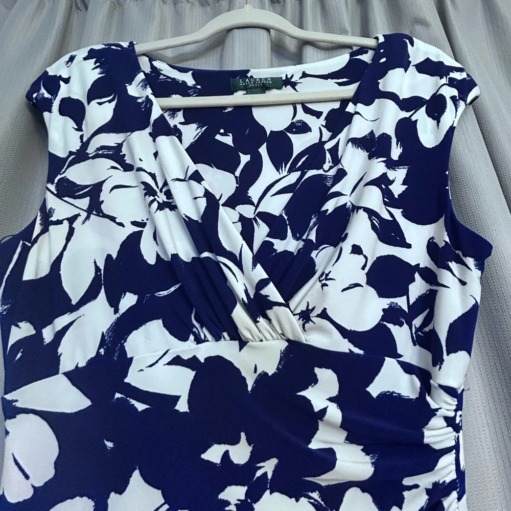Lauren Ralph Lauren floral Dress blue white ruched waist 8 EUC CHURCH DINNER